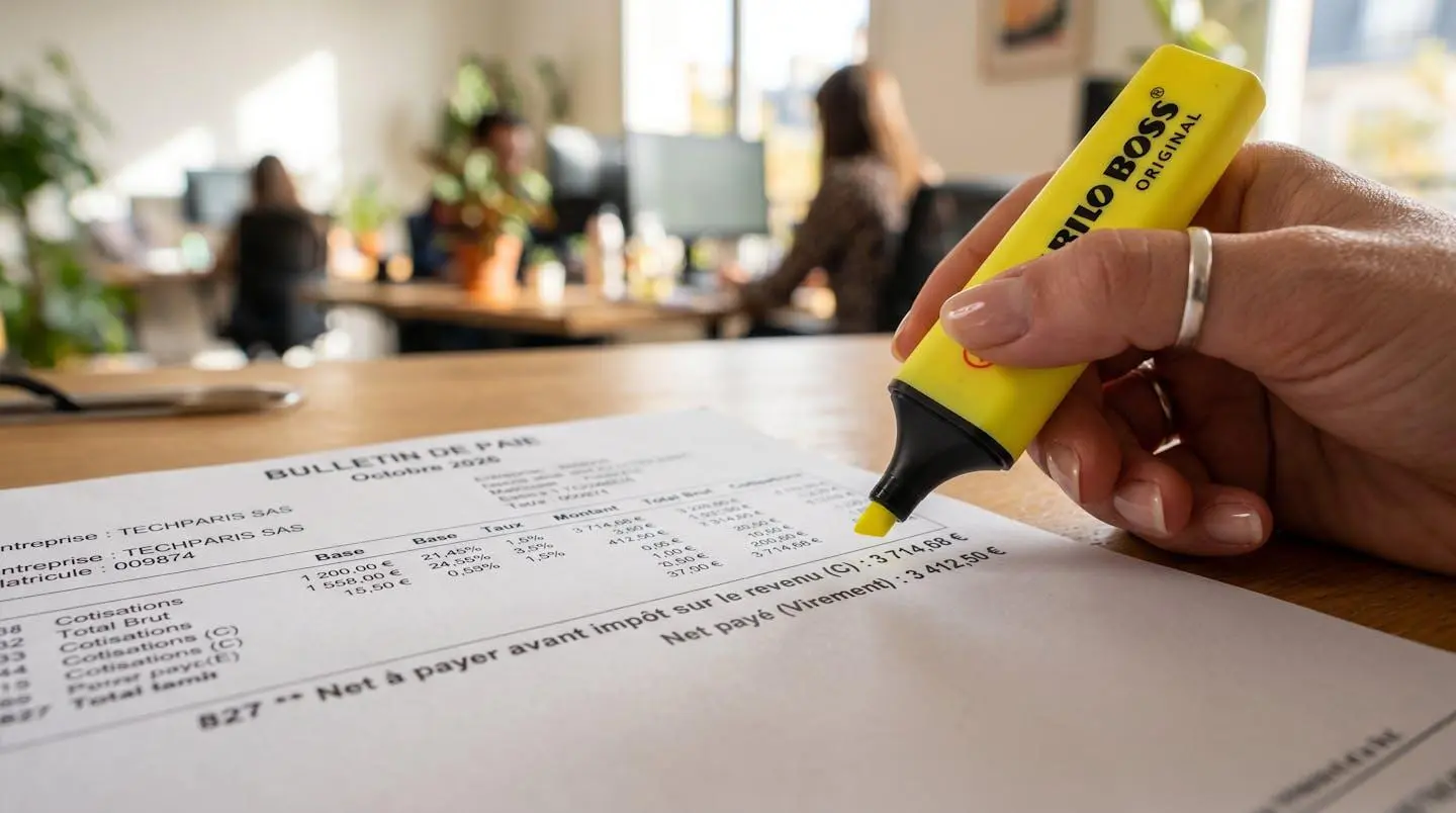 Très gros plan d'une main tenant un surligneur jaune au-dessus d'une feuille de paie papier, focus sur une ligne de chiffres