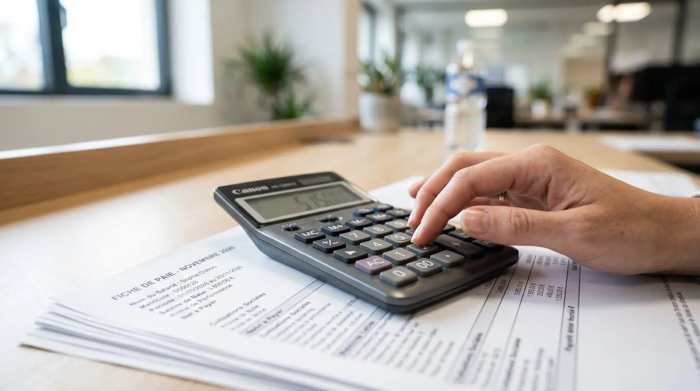 Gros plan d'une main posée sur une calculatrice avec des documents administratifs disposés sur un bureau moderne