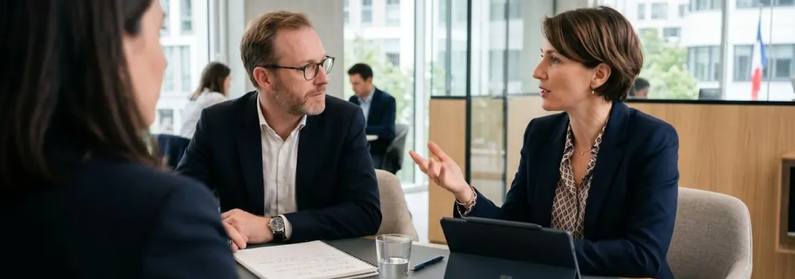 Deux personnes vues de dos discutent autour d'une table de réunion moderne avec documents et tablette posés devant elles