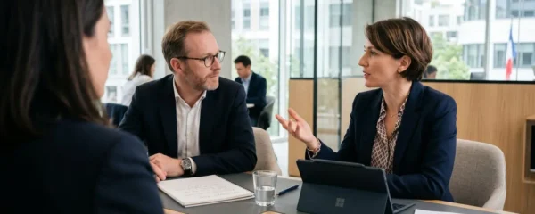 Deux personnes vues de dos discutent autour d'une table de réunion moderne avec documents et tablette posés devant elles